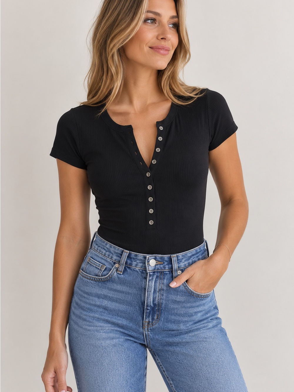 Abercrombie & Fitch Black Ribbed Henley Bodysuit